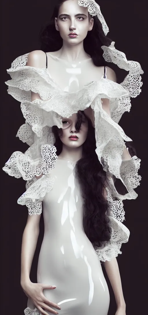 Image similar to an fierce nubile young woman with long dark hair, painted in futuristic white latex, waves of billowing doily dress, clear skin, elegant, graceful, fashionable, cinematic, hyperdetailed illustration by irakli nadar and alexandre ferra, depth of field, global illumination,