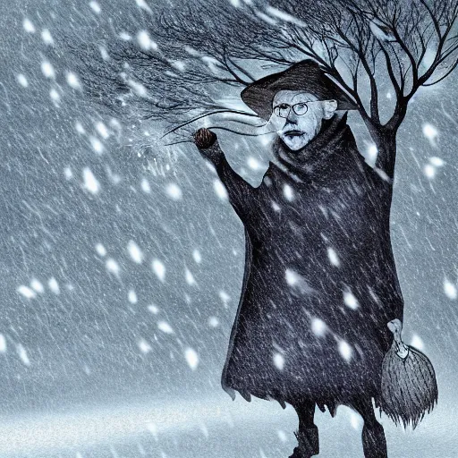 Image similar to wizard, dark, flying on the broom, front view, trees, snowing, digital art