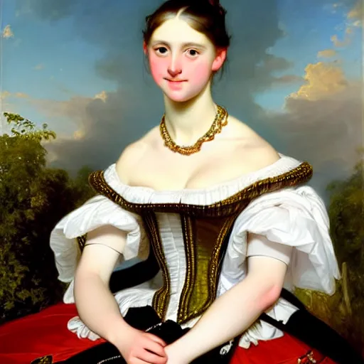 Image similar to portrait of a german teenage princess, circa 1 8 5 0 by franz xaver winterhalter, highly detailed, beautiful, oil on canvas, 1 8 5 0 s, romanticism