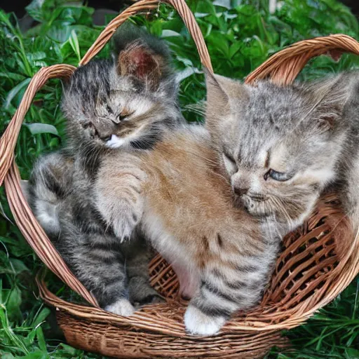 Image similar to two kittens sleeping in a basket, happy, cute