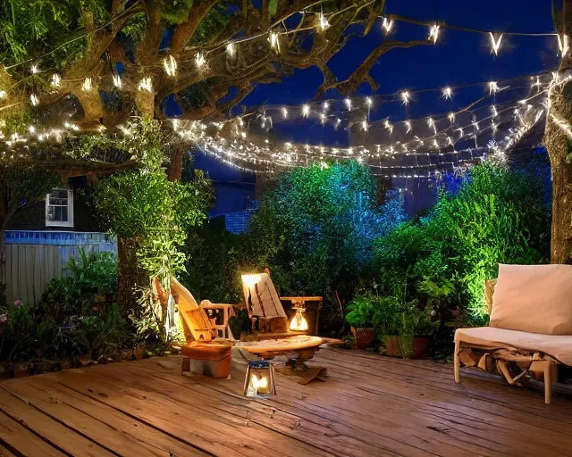 Prompt: a still photo of a backyard at night with fairy lights, house terrace on the side, warm lighting