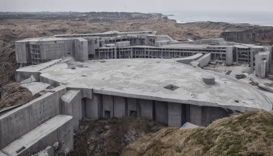 Image similar to big brutalist imperial military base on cliffs, drawing architecture, very long shot, top angle, imperial architecture in rogue one, pritzker architecture prize, brutalism, jan urschel