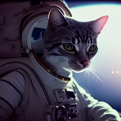 Image similar to professional photo cat in astronaut suit on the moon, closeup shot, hyperrealistic masterpiece, trending on artstation, cgsociety, kodakchrome, golden ratio, cinematic, composition, beautiful lighting, hyper detailed, sharp focus, octane render, 4 k, unreal engine