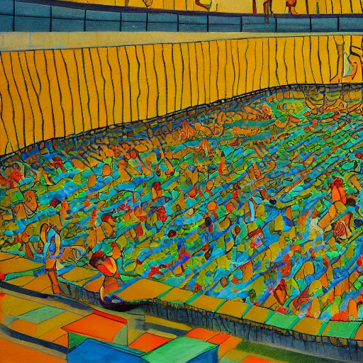 Image similar to when the art knowledge of ai trained by millennials, is like swimming in the yellow tinted wading pool at the community swimming center