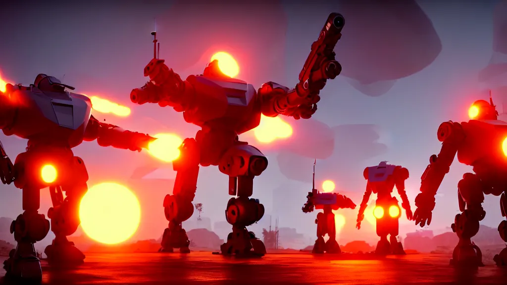 Image similar to futuristic mech soldiers firing away from the camera, eye catching composition, realistic, unreal engine 5, global illumination, detailed environment, bright colours, cinematic, atmosphere, 4 k