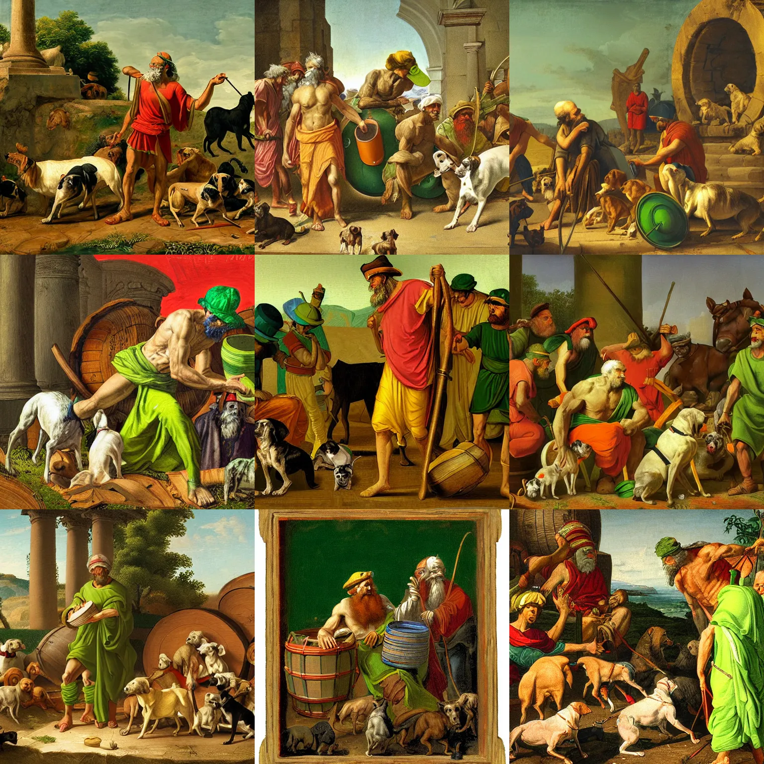 Prompt: Diogenes wearing a bright green cap while thinking in his barrel, surrounded by dogs, highly detailed, digital painting