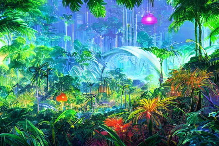 Image similar to retro futuristic jungle, DNA bio experiment, colourful futuristic landcape, neon bright lights, sci-fi concept art, by Studio Ghibli and Syd Mead, highly detailed vegetation, airbrush,