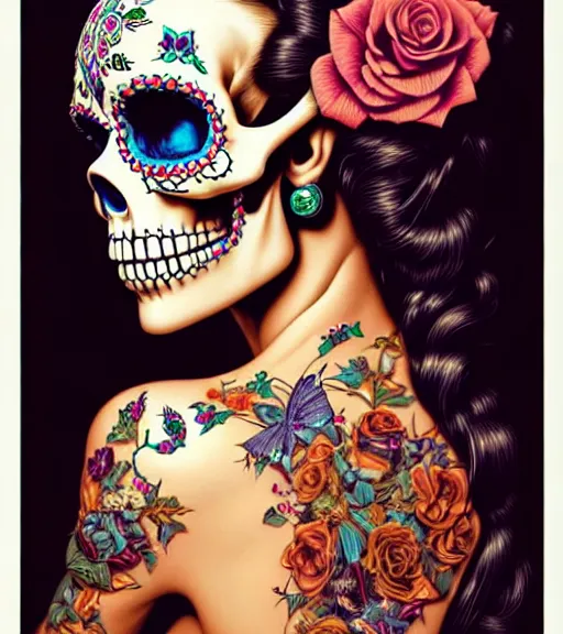 Prompt: a gorgeous fancy skull lady by dan mumford and gil elvgren, highly detailed, sugar skull, hyperrealism, intricate details, exceptional beauty, fool, vector art, attractive, striking, lovely