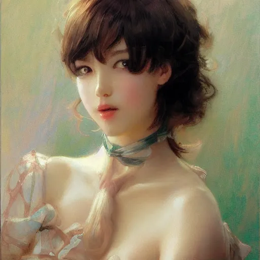 Image similar to a high fashion studio portrait of a cute anime girl, painting by gaston bussiere, craig mullins, j. c. leyendecker