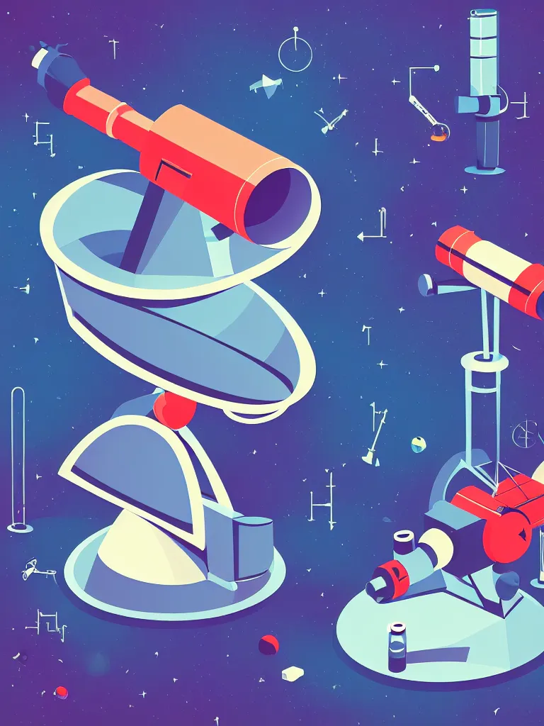 Image similar to editorial illustration scientific lab test tube telescope microscope spaceship, dynamic composition, detailed, matte print, dynamic perspective, colorful modern, mads berg