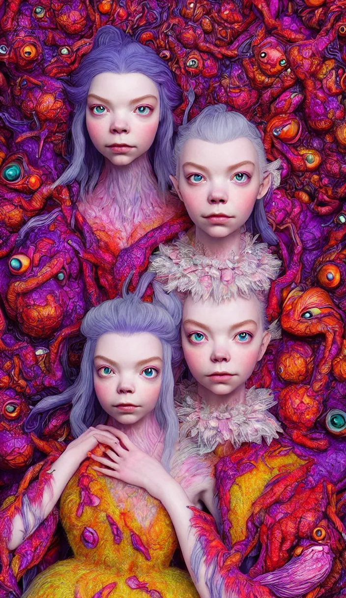 Prompt: hyper detailed 3d render like a Oil painting - kawaii portrait of two Aurora (a beautiful skeksis muppet fae queen from dark crystal that looks like Anya Taylor-Joy) seen red carpet photoshoot in UVIVF posing in scaly dress to Eat of the Strangling network of yellowcake aerochrome and milky Fruit and His delicate Hands hold of gossamer polyp blossoms bring iridescent fungal flowers whose spores black the foolish stars by Jacek Yerka, Ilya Kuvshinov, Mariusz Lewandowski, Houdini algorithmic generative render, Abstract brush strokes, Masterpiece, Edward Hopper and James Gilleard, Zdzislaw Beksinski, Mark Ryden, Wolfgang Lettl, hints of Yayoi Kasuma and Dr. Seuss, octane render, 8k