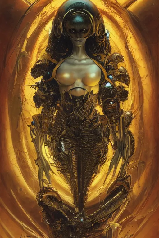 Prompt: portrait of mad alien queen, symmetrical, byyoichi hatakenaka, juan gimenez, brom, karol bak