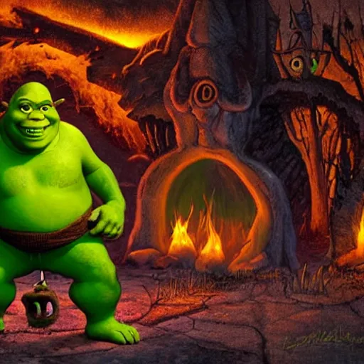 Prompt: shrek in hell, ominous, horror, flames, fire