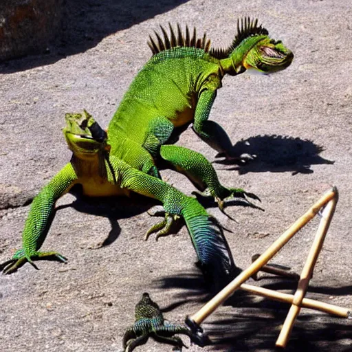 Prompt: iguanas playing fanciful musical instruments