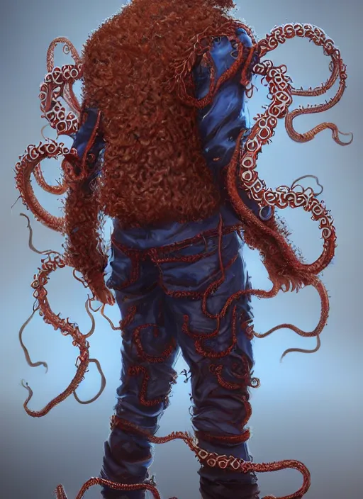 Image similar to !dream a highly detailed illustration of thick curly haired young guy wearing brown coat and face mask, with red and blue biker gloves, with wire tentacles on his back, dramatic standing pose, intricate, elegant, highly detailed, centered, digital painting, artstation, concept art, smooth, sharp focus, league of legends concept art, WLOP