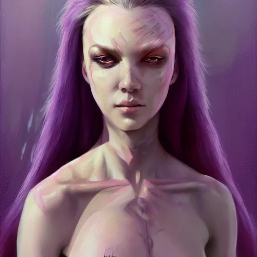 Image similar to priscilla from claymore portrait, medium shot, asymmetrical, profile picture, organic painting, matte painting, purple skin, forehead horn, bold shapes, hard edges, trending on artstation, by huang guangjian and gil elvgren and sachin teng