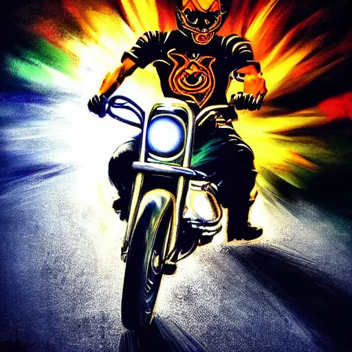 Prompt: psychedelic colorful blacklight airbrush artwork, motorcycle, stylized action shot of an orc biker riding a motorcycle, menacing orc, drifting, skidding, wheelie, clear focused details, soft airbrushed artwork, black background, cgsociety, artstation