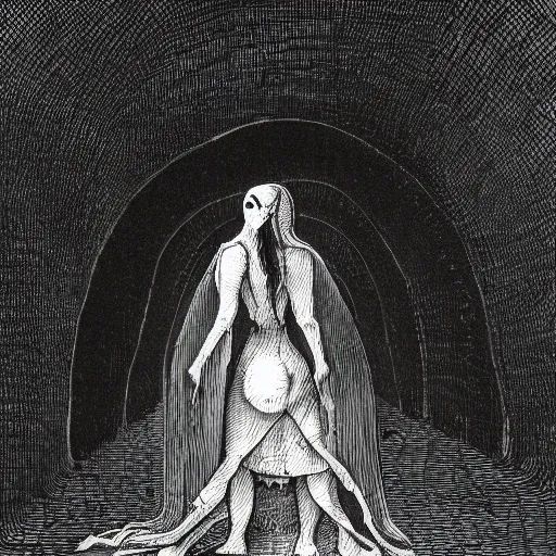 Prompt: ink drawing of zombie woman standing alone in a tunnel holding a heart by hieronymus bosch hyper realistic, dark fantasy detailed, high definition insanely detailed, bitter super - resolution microscopy dark lighting, x - ray black and white