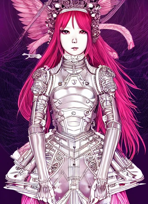 Image similar to highly detailed terada katsuya artgerm artstation final fantasy minaba hideo manga poster of princess mechine, long hair, armor, dress, laces, ruffles, 8 k, fluorescent, maximalist, jump comics, tomer hanuka