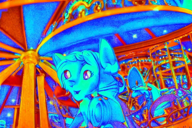 Image similar to le manege enchante!, in the style of john avon and derek riggs and eva widermann, trending on artstation, halfrear lighting closeup view anaglyph filter, bokeh, anime, colored pencil art, belle epoque