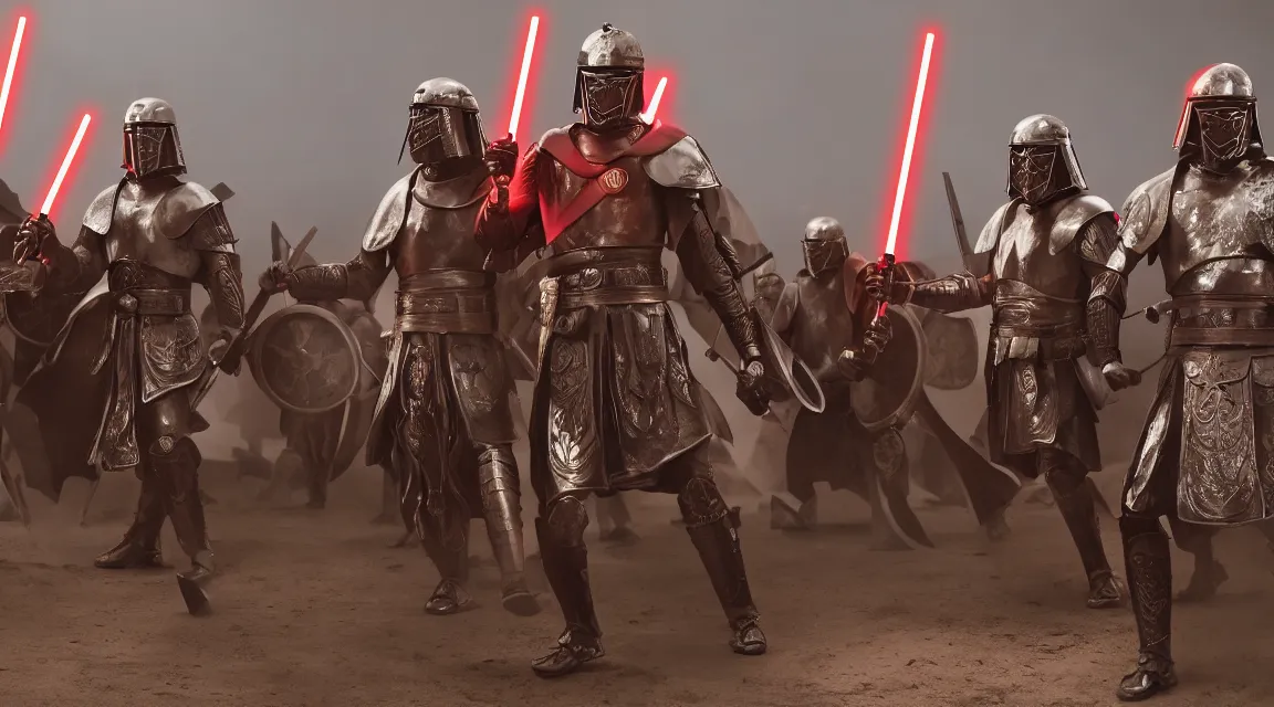 Prompt: Roman legionaries and sith wielding lightsabers and shields, background Canon, 100mm, octane render, photorealistic, detailed, cinematic, 8k no blur, volumetric lightning