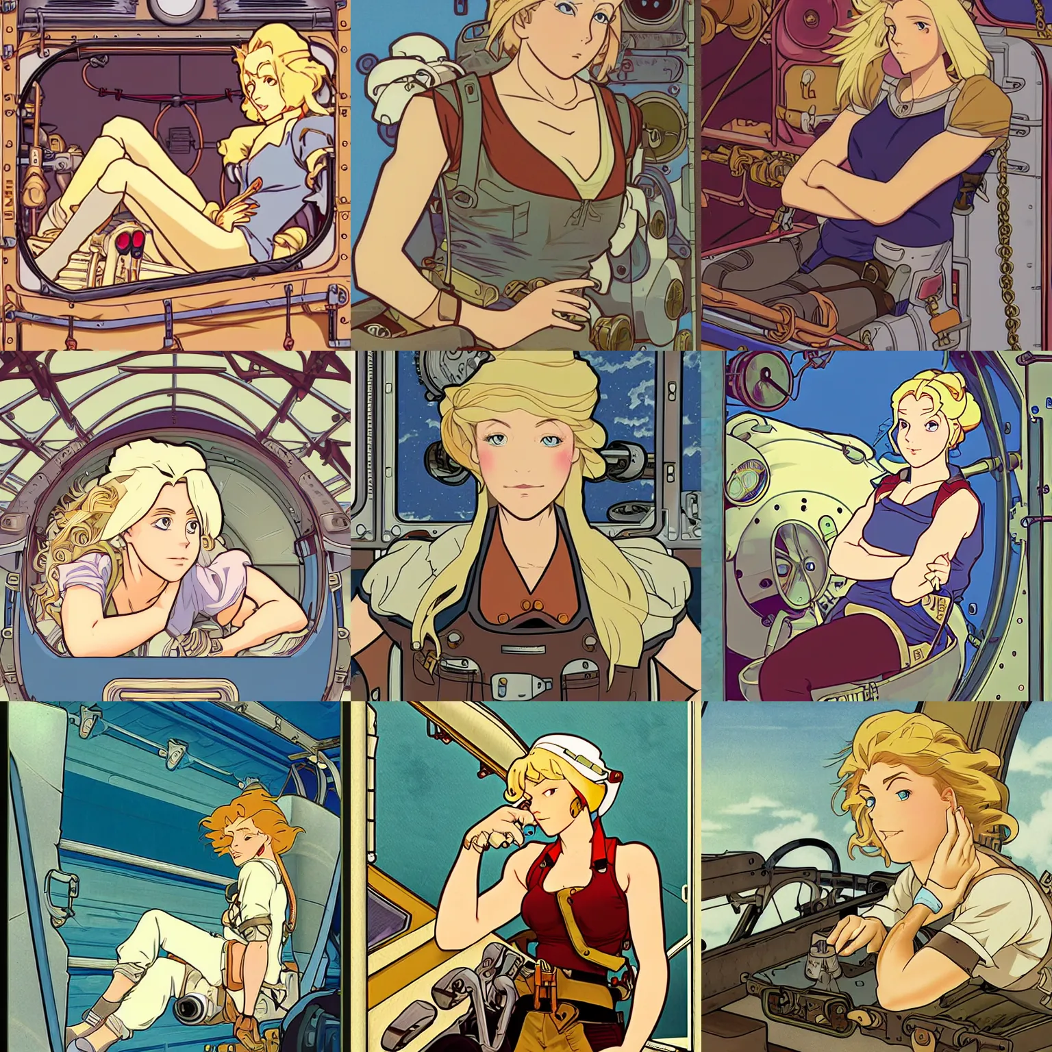 Prompt: Character portrait of a tank top-clad blonde female airship mechanic resting in her cramped bunk, steampunk, beautiful face, striking eyes, highly detailed, digital art, cel shading, vintage anime still, by Studio Ghibli and Disney Animation, Alphonse Mucha