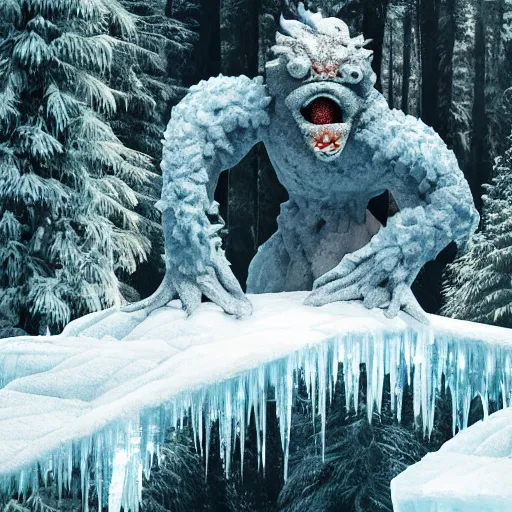 Image similar to ice monster in the bunring forest high detailed