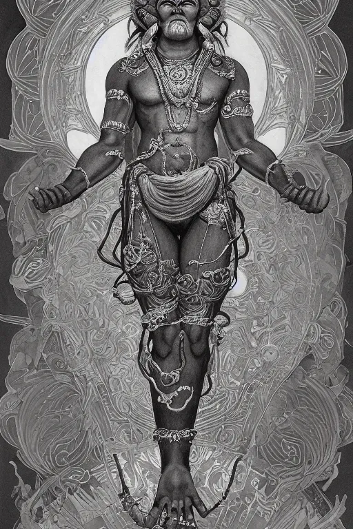 Image similar to a full body portrait of a beautiful ornated hanuman god, leaping pose, hindu stages of meditation, intricate, elegant, highly detailed, digital painting, artstation, concept art, smooth, sharp focus, line art illustration for tattoo, art by krenz cushart and artem demura and alphonse mucha