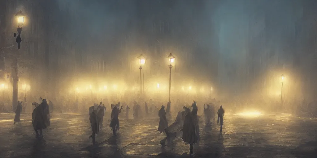 Image similar to a heavy swirling fog during a parade, soft lighting, night, unreal engine, digital art, 8 k, oil painting, fantasy art, illustration, detailed and intricate environment
