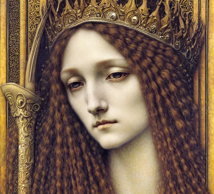 Image similar to detailed realistic beautiful young medieval queen face portrait by jean delville, gustave dore and marco mazzoni, art nouveau, symbolist, visionary, gothic, pre - raphaelite. horizontal symmetry