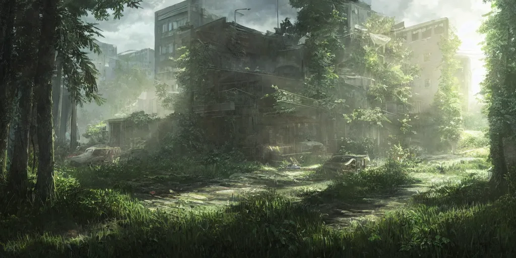 Prompt: an environmental concept art of the last of us by studio ghibli, environmental lighting, cinematic