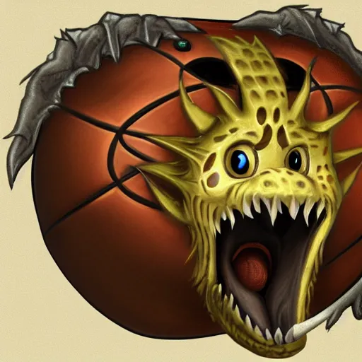 Image similar to a mimic pretending to be a basketball with a long tongue and sharp teeth, fantasy, digital painting