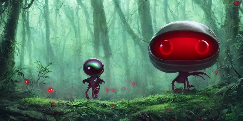 Image similar to a little alien who is lost at the edge of a forest, with lots of red eyes in the shadows, kawaii, chris moore, trending on artstation