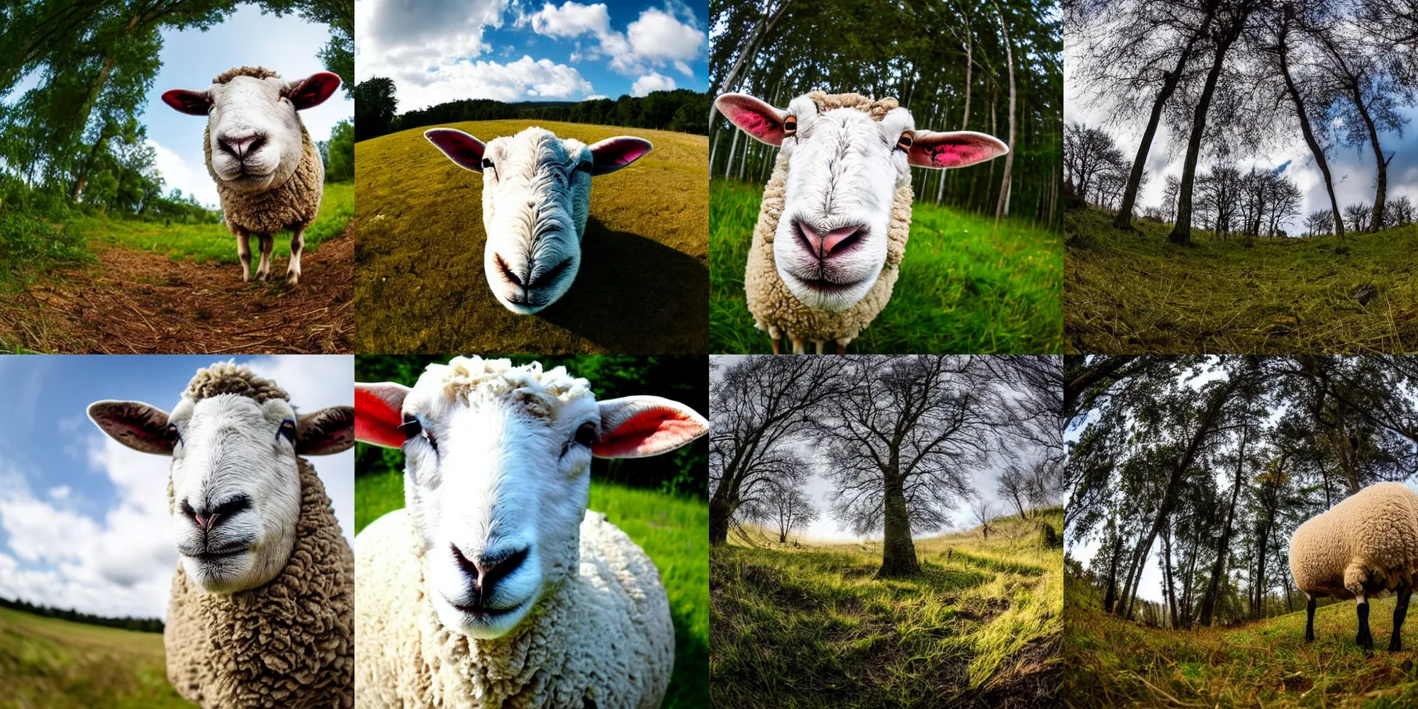 Prompt: closeup photo of a sheep on a clearing, extreme wide angle, fisheye lens