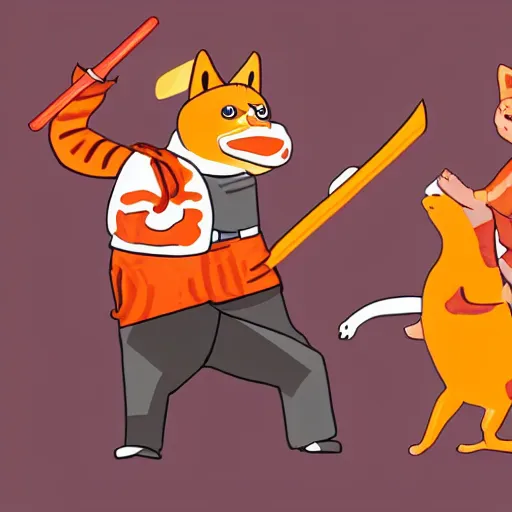 Image similar to anthropomorphic bacon, sword fighting an orange tabby cat, orange tabby sword fighting anthropomorphic bacon, award - winning photograph