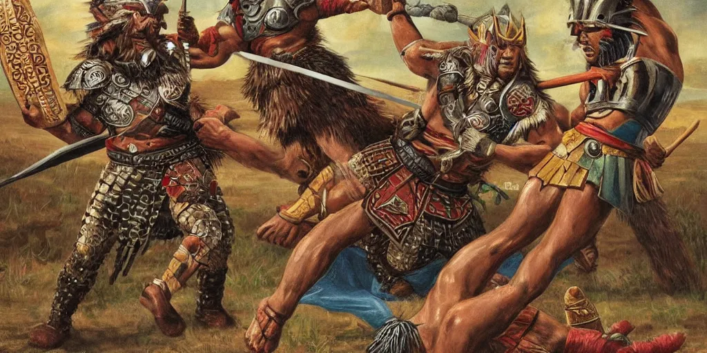 Image similar to Aztec Jaguar Warrior fighting against Thor (Viking )in a one on one battle. Historically accurate, highly detailed.