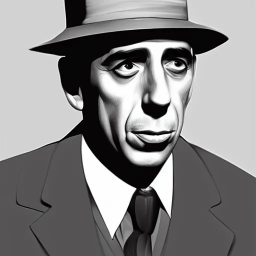 Image similar to humphrey bogart as film noir detective, portrait, highly detailed, digital painting, artstation, concept art, sharp focus, illustration, art , style of Walter Martin Baumhofer