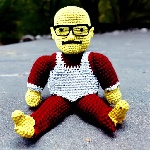 Image similar to walter white as a knitted crochet doll, 4 k, hyper realistic, dslr, high resolution, landscape, beautiful