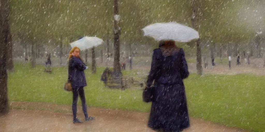 Prompt: parisian woman in the jardin du luxembourg, paris, raining, impressionist art style, 4K