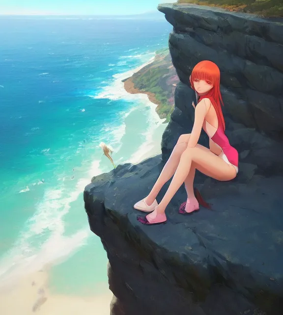 Image similar to a girl sitting on a cliff overlooking a beach. vivid colors, soft lighting, atmospheric, cinematic, moody, in the style of ilya kuvshinov and range murata, krenz cushart, oil on canvas, 8 k