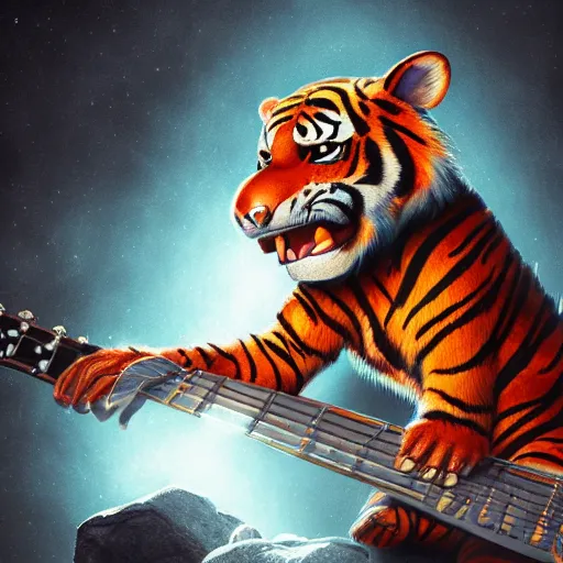 Image similar to illustration of a anthropomorphic tiger in a rock outfit strumming an electric guitar, dslr, 8 k, octane beautifully detailed illustration, cold lighting, cinematic lighting, detailed poster, masterpiece, volumetric lighting, ultra realistic, highly detailed, high quality, lossless