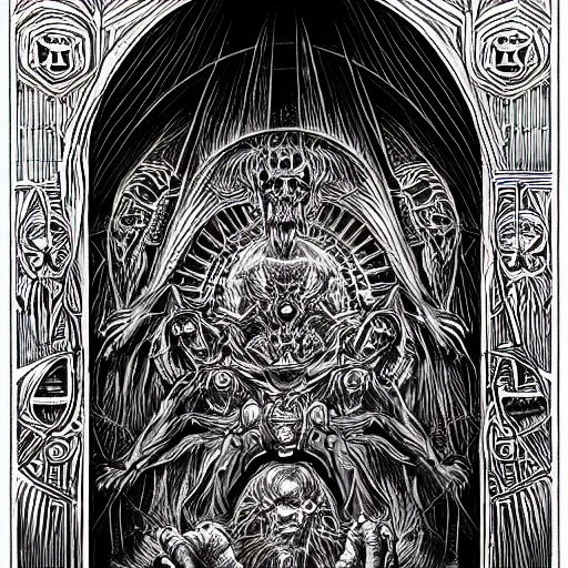 Prompt: demonic portal to hell by Greg Hildebrandt. Stargate. Very detailed intricate linework