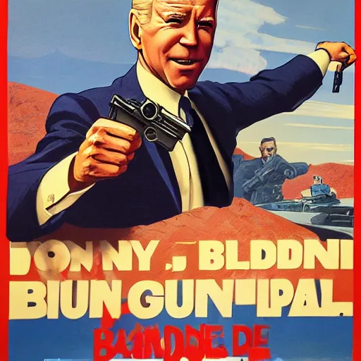 Image similar to propaganda poster of joe biden pointing gun directly at camera in james bond movie, closeup of gun, visible barrel and grip by j. c. leyendecker, bosch, lisa frank, jon mcnaughton, and beksinski