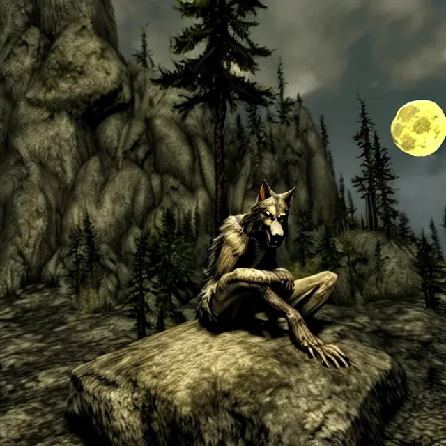 Prompt: A werewolf sitting on a rock, woodland creek, realistic, skyrim style, yellowish full moon