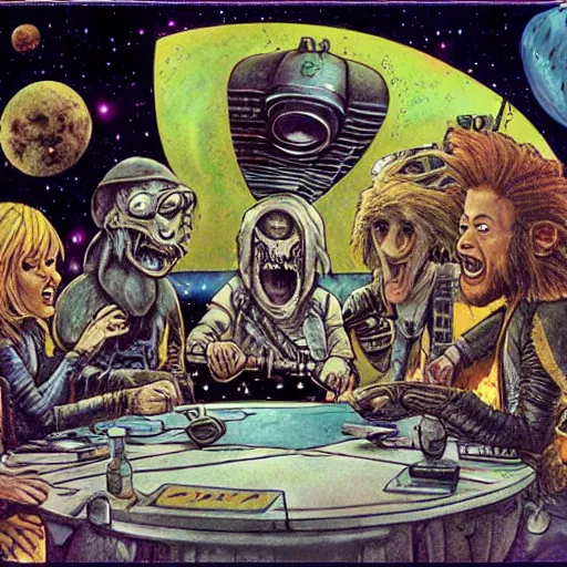 Prompt: scruffy punk starship crew sitting at table and getting drunk and singing folk music, extraterrestrials, alien 1 9 7 9, ron cobb, jim henson creature shop, mike mignogna, highly detailed, comic book, science fiction, used future