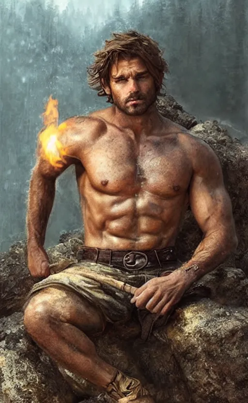 Image similar to Portrait of a rugged ranger sitting down on a rock by a fire, male, muscular, straight nose!!!, detailed face, handsome face, bare thighs!!!, simple clothing!!!!!, fantasy, medieval, highly detailed, cinematic lighting, digital art painting by greg rutkowski