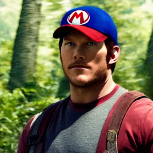 Image similar to chris pratt as mario, move still, cinematic lighting