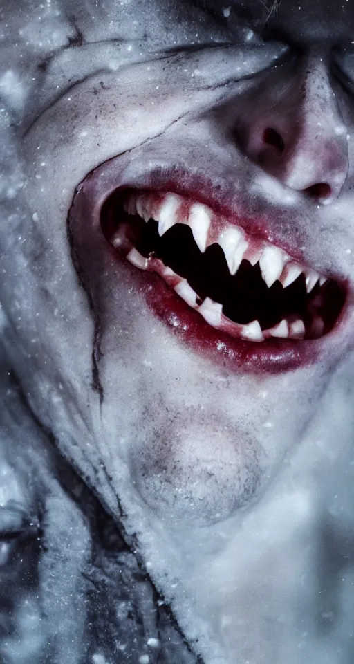 Image similar to up close shot of vampire fangs, vampire human, winter, dark scenery, dark lighting, cinematic, cold freezing nights, laser lights, crybernetic, top floor boss shit, destroy lonely, black floor, lavish, luxurious, marble walls, cinematic, hyper realism, high detail, octane render, 8 k