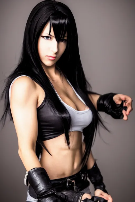 Image similar to photo of Tifa Lockheart in real life, headshot, detailed, award winning, shallow focus