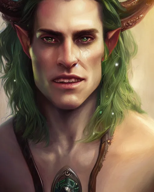 Image similar to a detailed matte oil on canvas head on symmetrical portrait of a handsome elven man grinning, with long red hair, green eyes, and an eye patch, art by charlie bowater and lise deharme wlop, trending on artstationhd, dungeons and dragons art critical role
